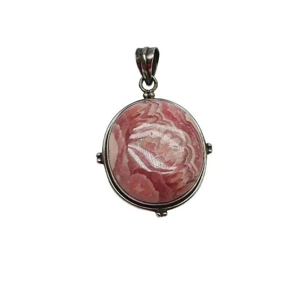 Vintage Sterling Silver Pink Rhodochrosite Oval Pendant 2 in - Picture 1 of 7